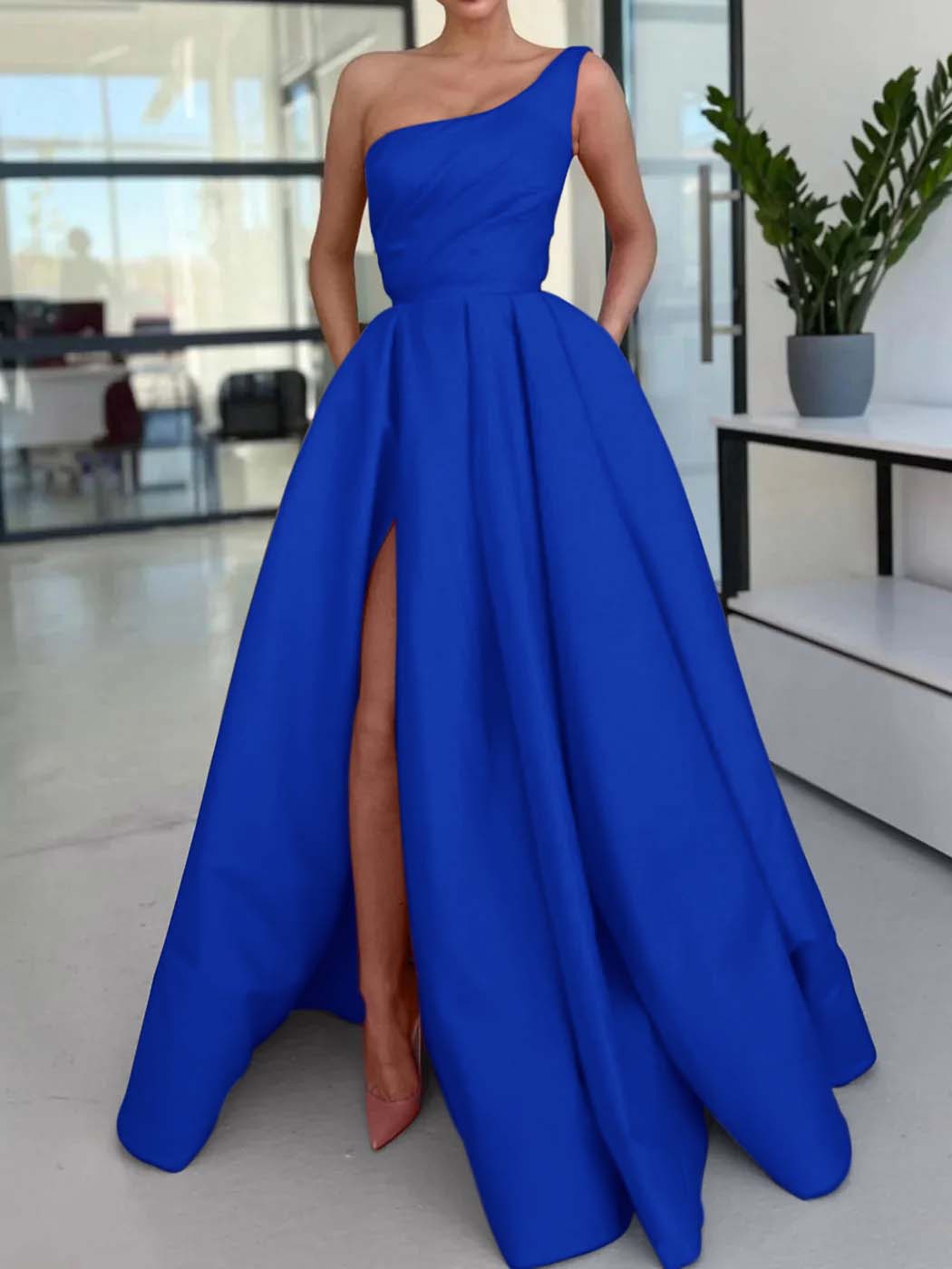 One Shoulder Long Prom Dress with Split and Pockets