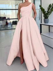 One Shoulder Long Prom Dress with Split and Pockets