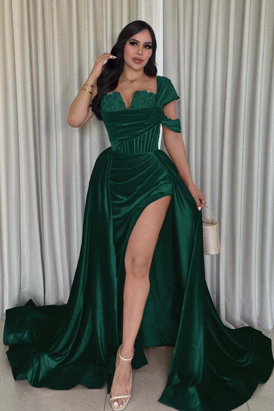One Shoulder Mermaid Long Prom Dress with Split and Pleats
