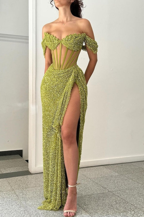 One Shoulder Mermaid Long Split Prom Dress with Sequins