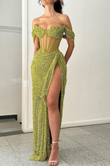One Shoulder Mermaid Long Split Prom Dress with Sequins