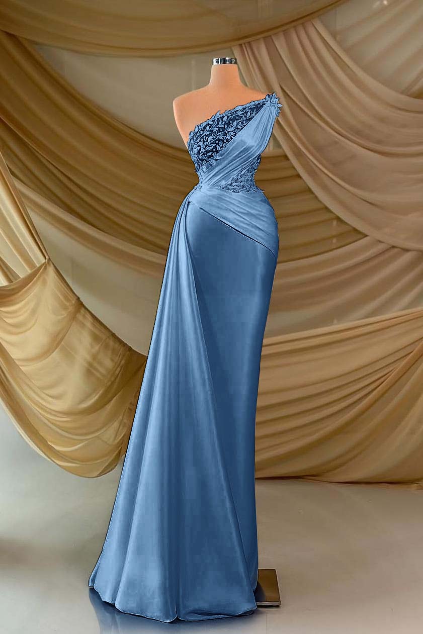 One Shoulder Long Prom Dress with Appliques and Ruffles