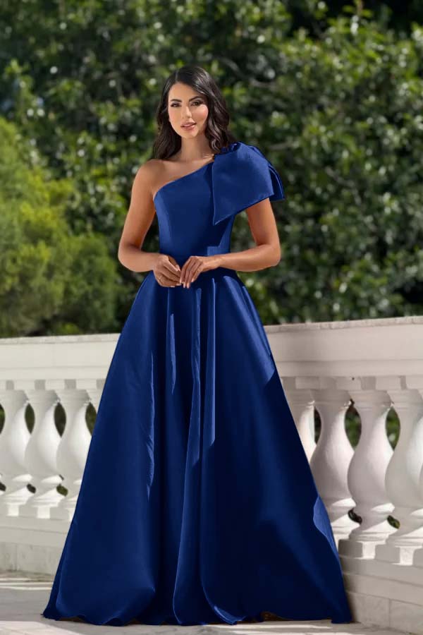 One Shoulder Long Pleated Prom Dress with Bowknot