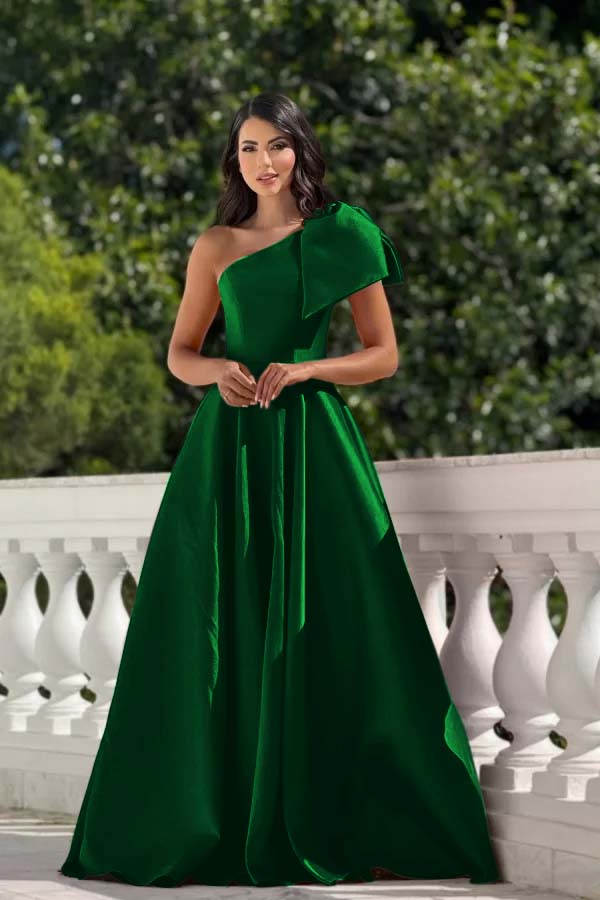 One Shoulder Long Pleated Prom Dress with Bowknot