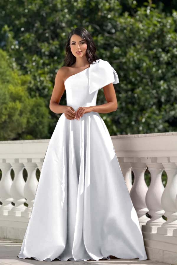 One Shoulder Long Pleated Prom Dress with Bowknot