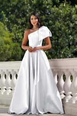 One Shoulder Long Pleated Prom Dress with Bowknot