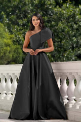 One Shoulder Long Pleated Prom Dress with Bowknot