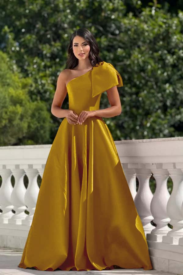 One Shoulder Long Pleated Prom Dress with Bowknot
