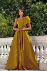 One Shoulder Long Pleated Prom Dress with Bowknot