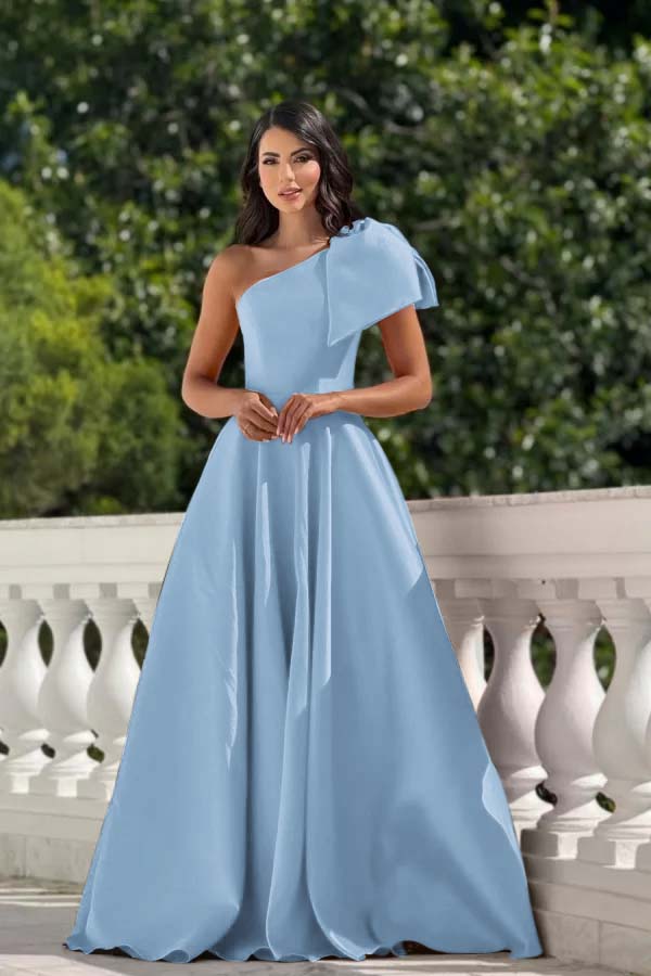 One Shoulder Long Pleated Prom Dress with Bowknot
