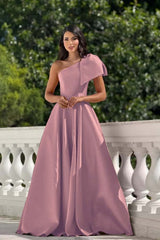 One Shoulder Long Pleated Prom Dress with Bowknot