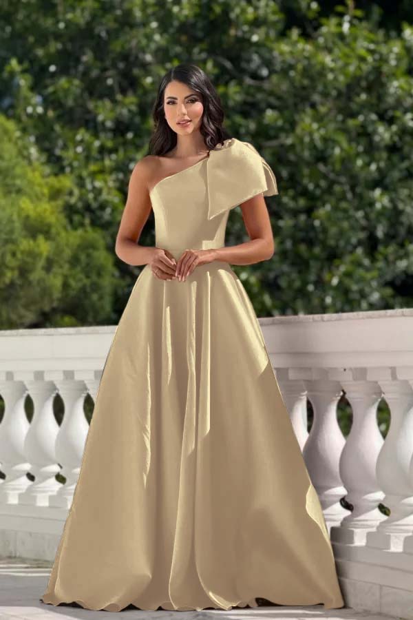 One Shoulder Long Pleated Prom Dress with Bowknot