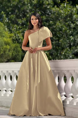 One Shoulder Long Pleated Prom Dress with Bowknot
