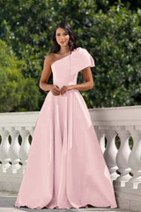 One Shoulder Long Pleated Prom Dress with Bowknot