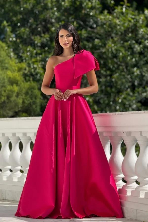 One Shoulder Long Pleated Prom Dress with Bowknot