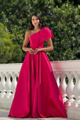 One Shoulder Long Pleated Prom Dress with Bowknot