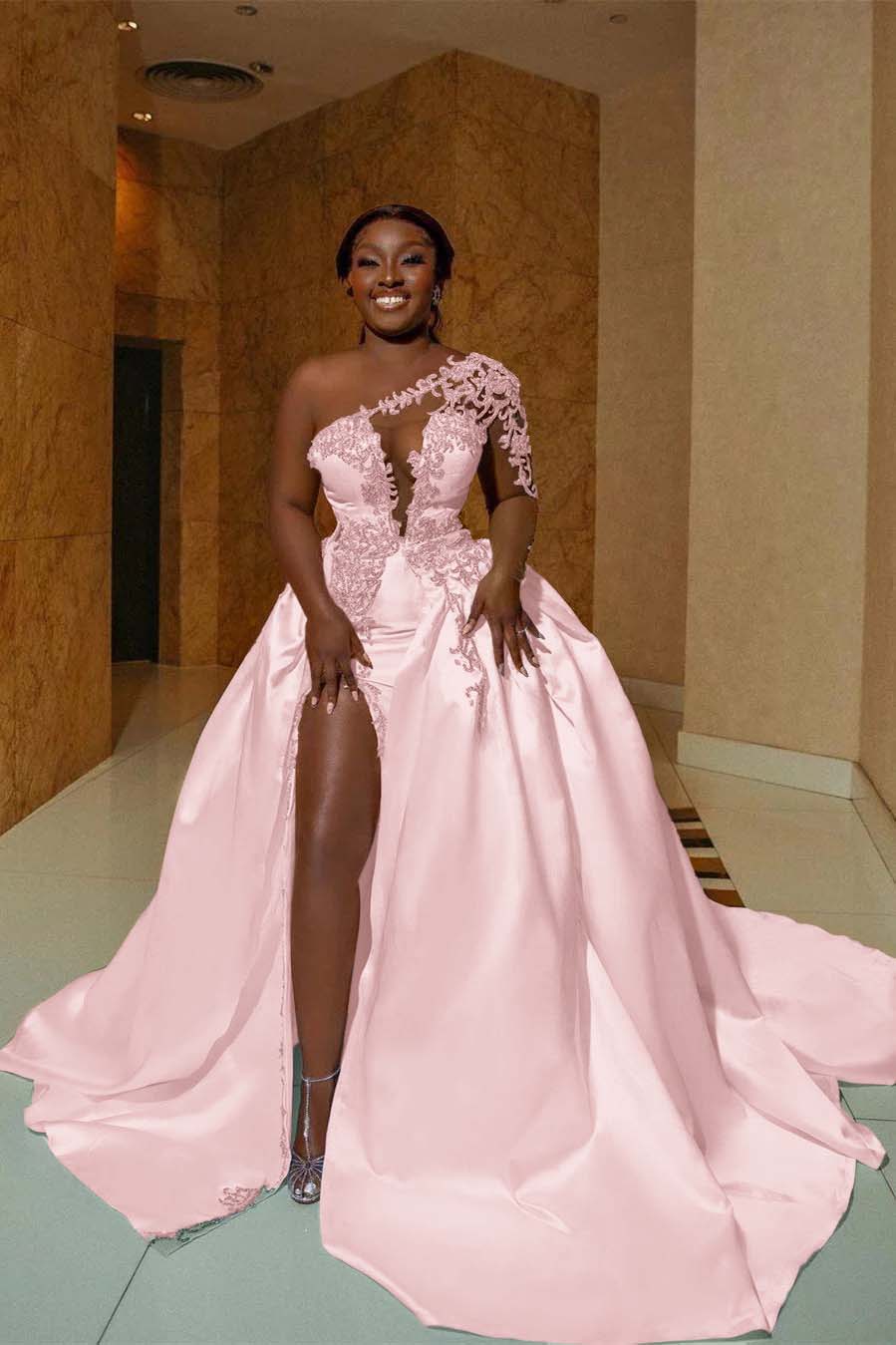One Shoulder Long Prom Dress with Split Appliques