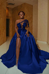 One Shoulder Long Prom Dress with Split Appliques