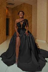 One Shoulder Long Prom Dress with Split Appliques