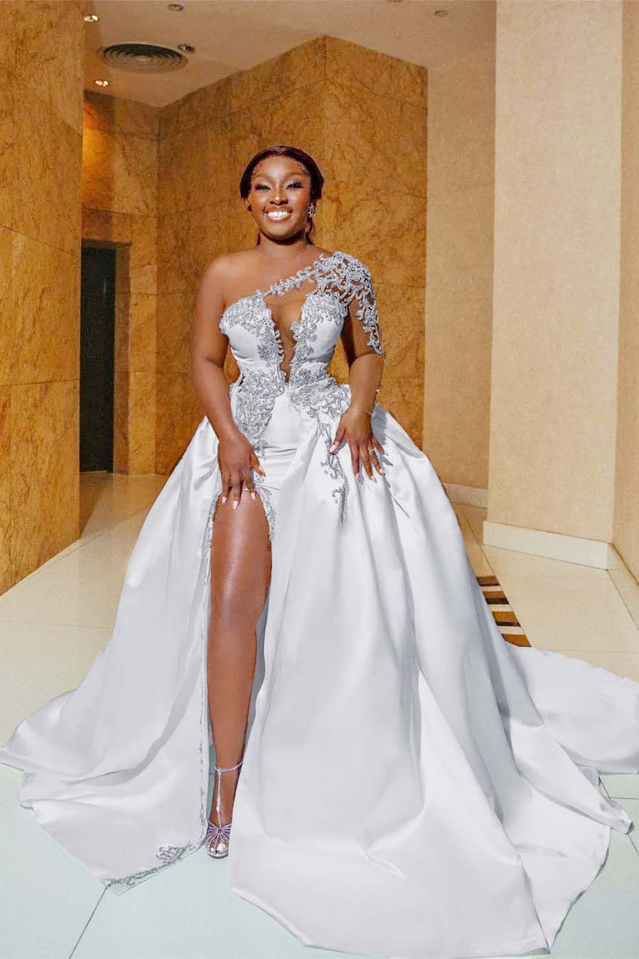 One Shoulder Long Prom Dress with Split Appliques