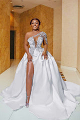 One Shoulder Long Prom Dress with Split Appliques