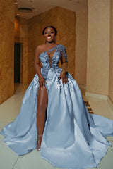 One Shoulder Long Prom Dress with Split Appliques
