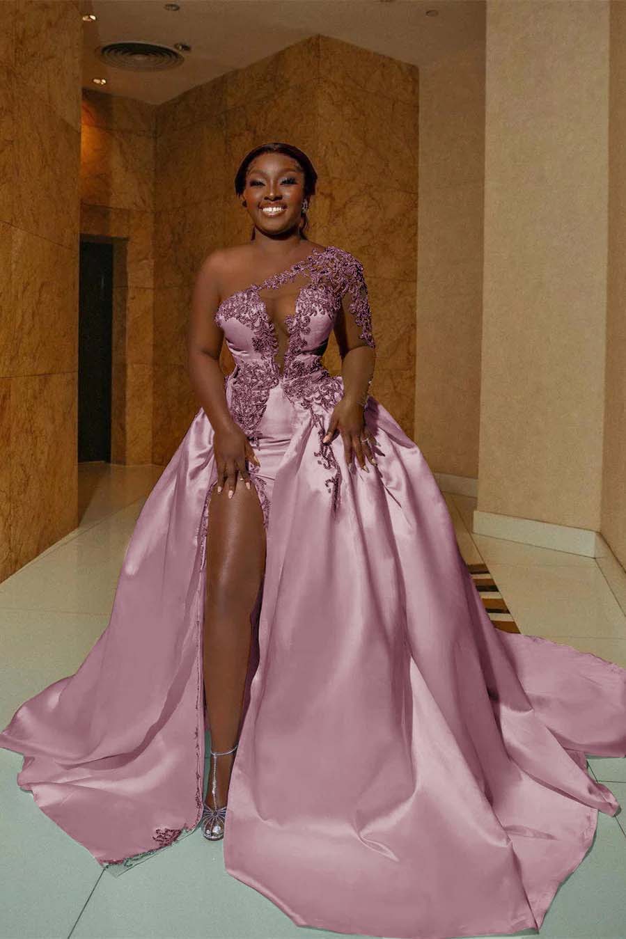 One Shoulder Long Prom Dress with Split Appliques