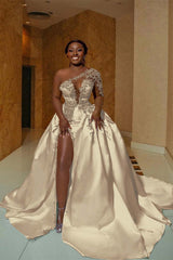 One Shoulder Long Prom Dress with Split Appliques