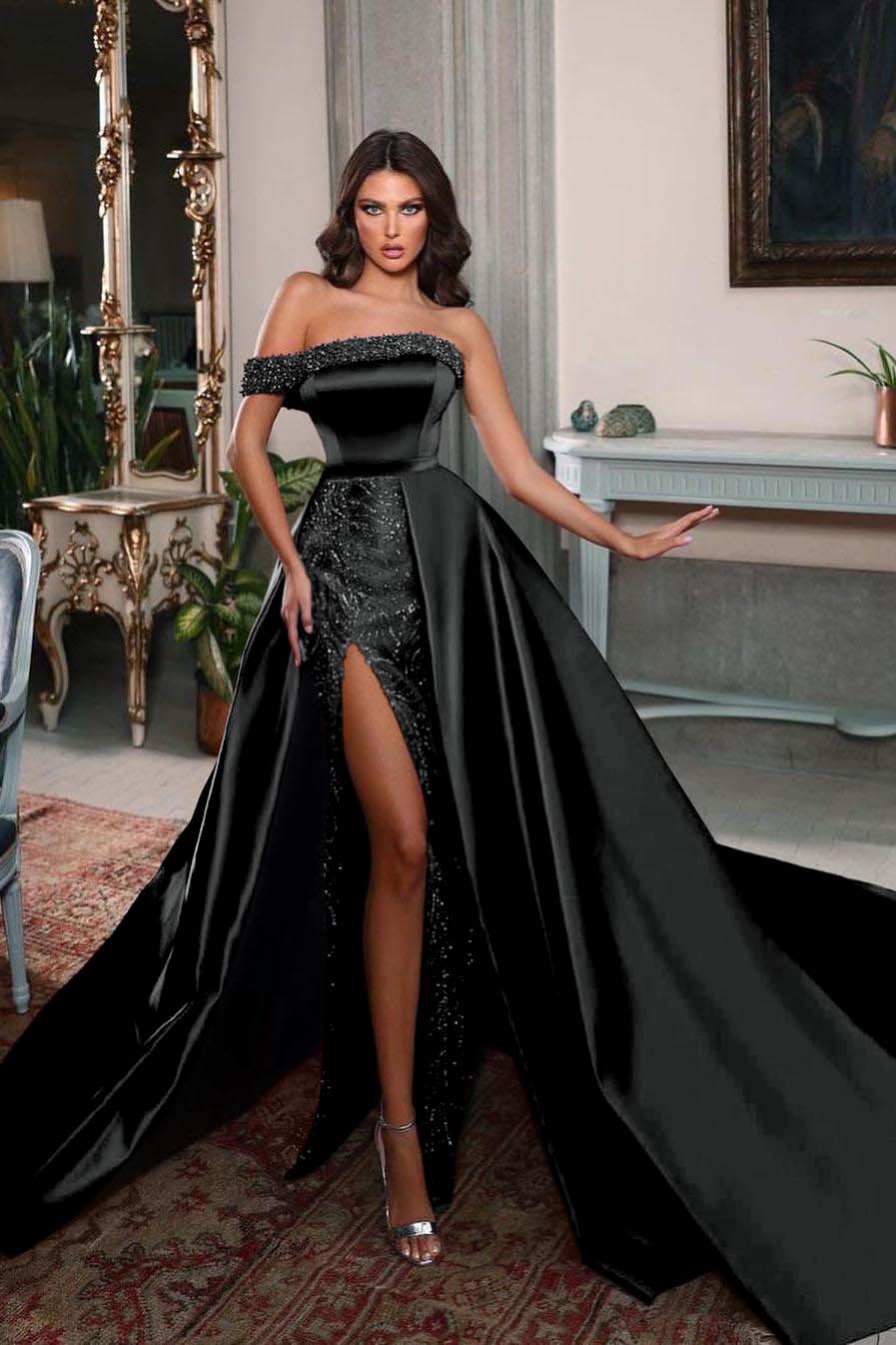One Shoulder Long Split Prom Dress with Pleated Beading