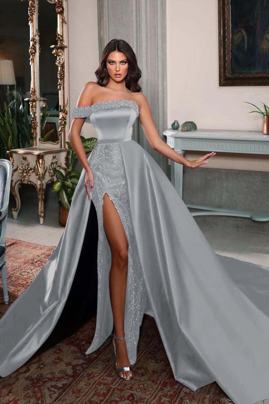One Shoulder Long Split Prom Dress with Pleated Beading