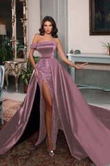 One Shoulder Long Split Prom Dress with Pleated Beading