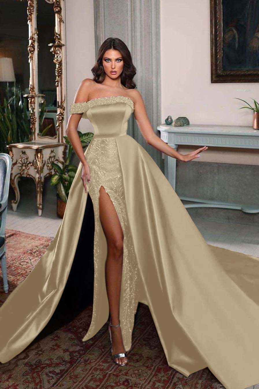 One Shoulder Long Split Prom Dress with Pleated Beading