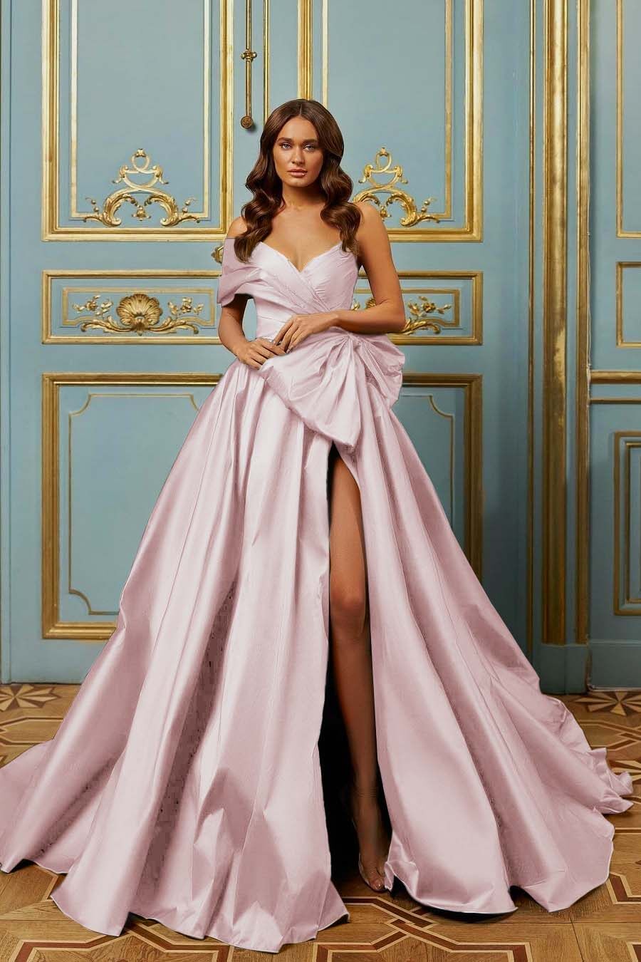 One Shoulder Long Pleated Prom Dress with Split and Bowknot