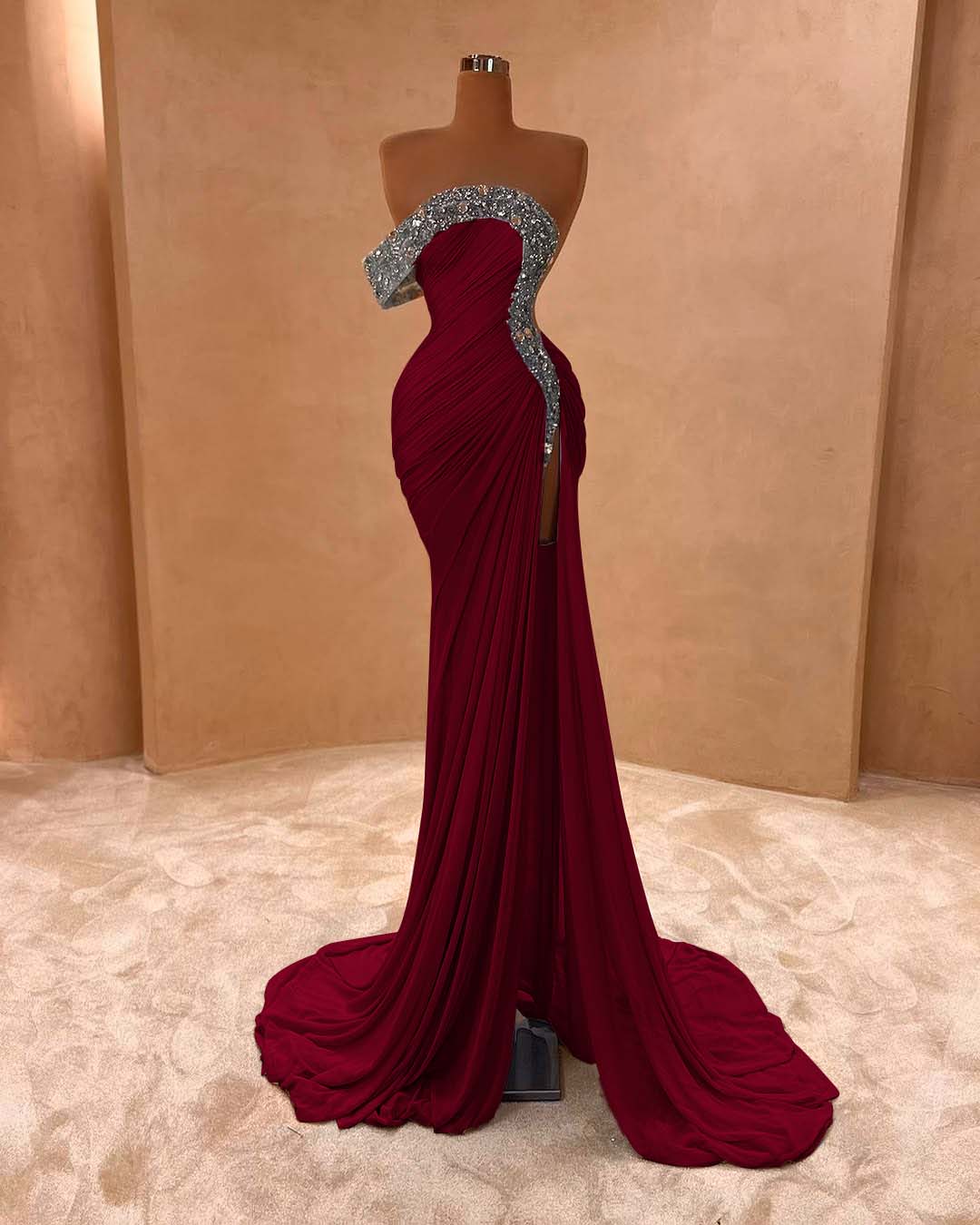 One Shoulder Long Split Prom Dress with Pleated Sequins