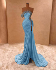 One Shoulder Long Split Prom Dress with Pleated Sequins