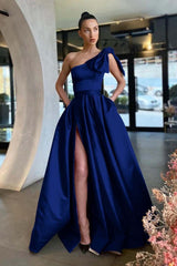 One Shoulder Long Pleated Prom Dress with Split and Pockets