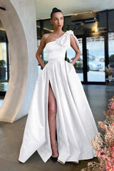 One Shoulder Long Pleated Prom Dress with Split and Pockets