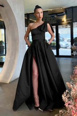 One Shoulder Long Pleated Prom Dress with Split and Pockets