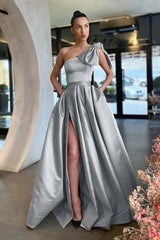 One Shoulder Long Pleated Prom Dress with Split and Pockets