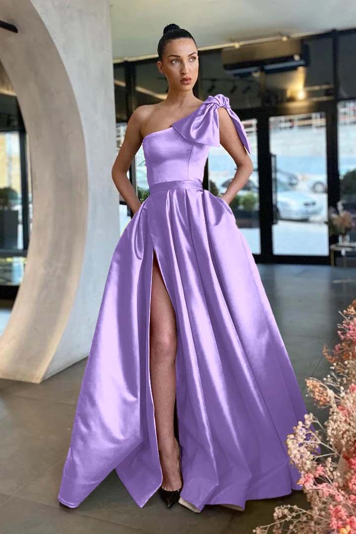 One Shoulder Long Pleated Prom Dress with Split and Pockets