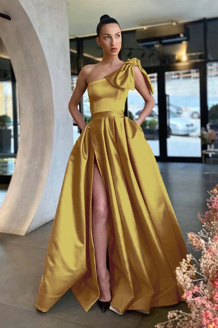 One Shoulder Long Pleated Prom Dress with Split and Pockets