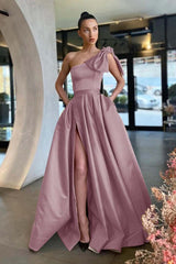 One Shoulder Long Pleated Prom Dress with Split and Pockets