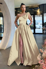 One Shoulder Long Pleated Prom Dress with Split and Pockets