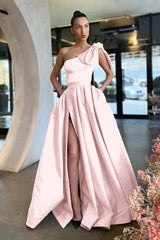 One Shoulder Long Pleated Prom Dress with Split and Pockets