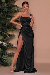 One-Shoulder Sleeveless Mermaid Evening Dress with Slit