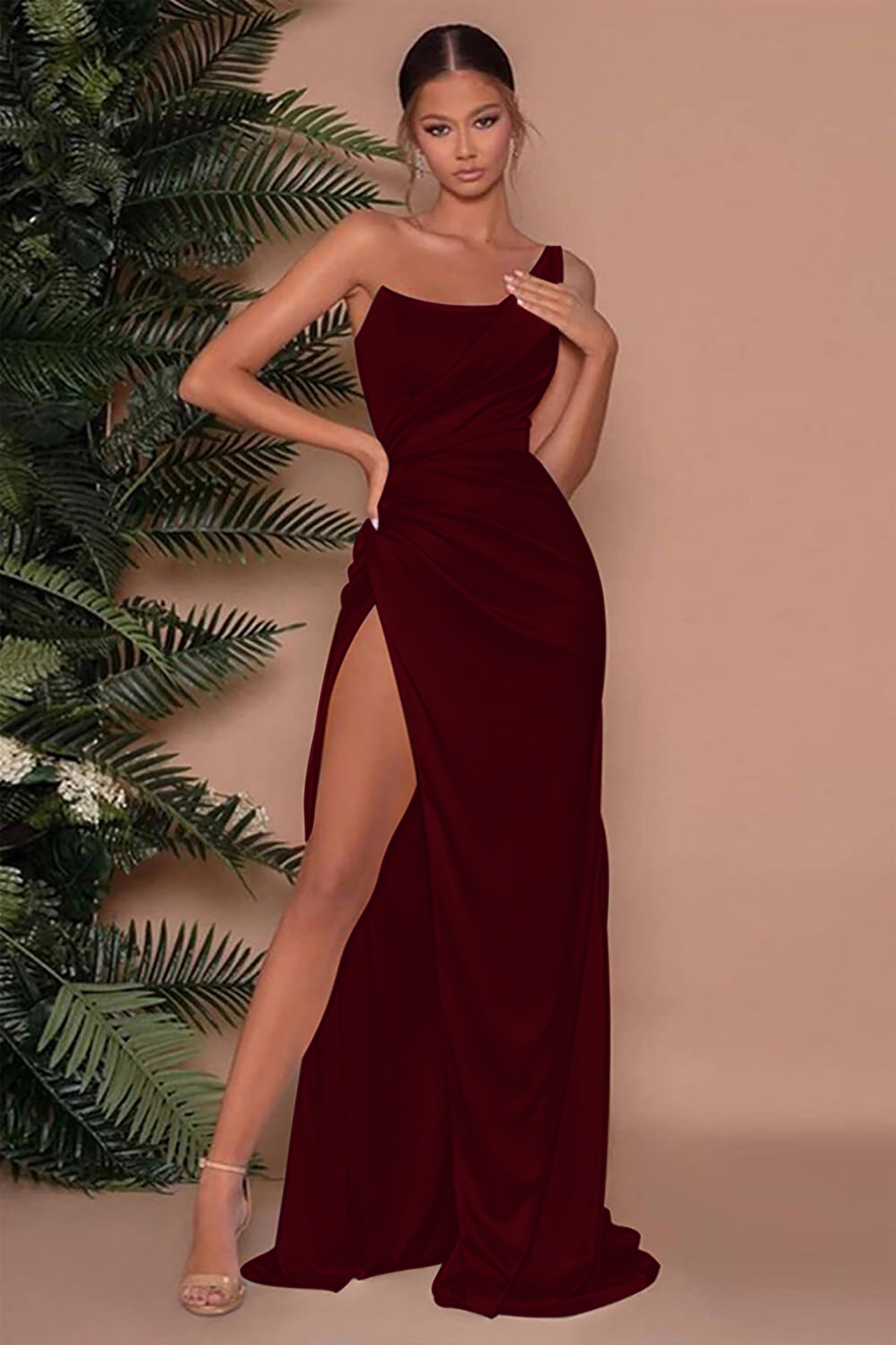 One-Shoulder Sleeveless Mermaid Evening Dress with Slit