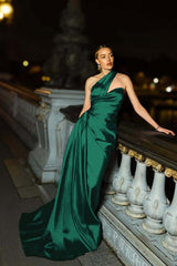 One Shoulder Mermaid Long Pleated Prom Dress with Ruffles