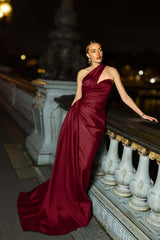 One Shoulder Mermaid Long Pleated Prom Dress with Ruffles