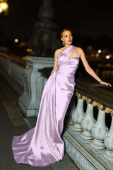 One Shoulder Mermaid Long Pleated Prom Dress with Ruffles