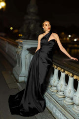 One Shoulder Mermaid Long Pleated Prom Dress with Ruffles